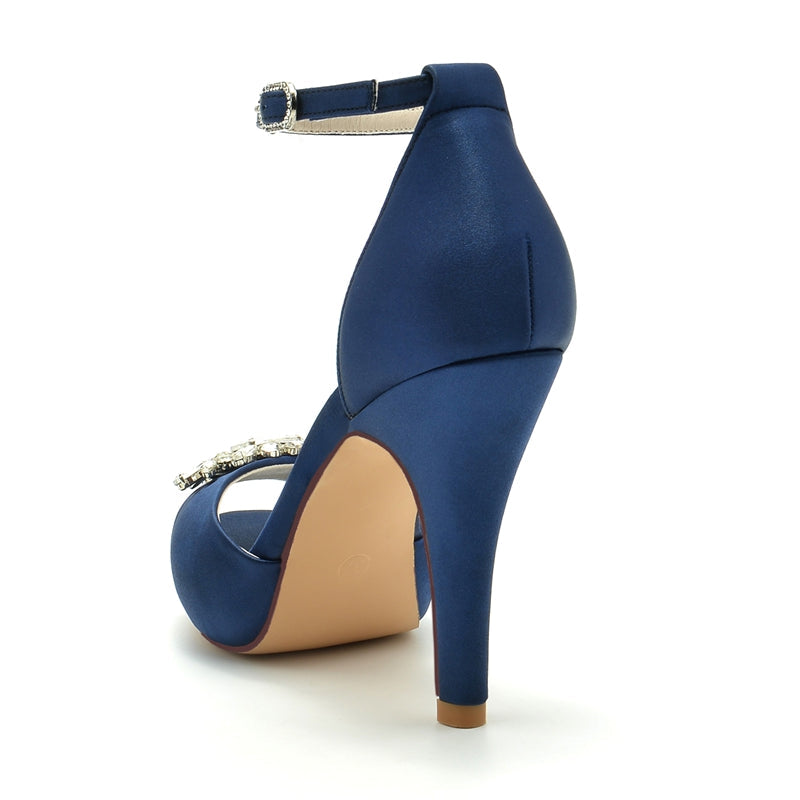 Women's Wedding Shoes Thick Sole Peep Toe Stiletto Heel Buckle Bridal Shoes with Rhinestone