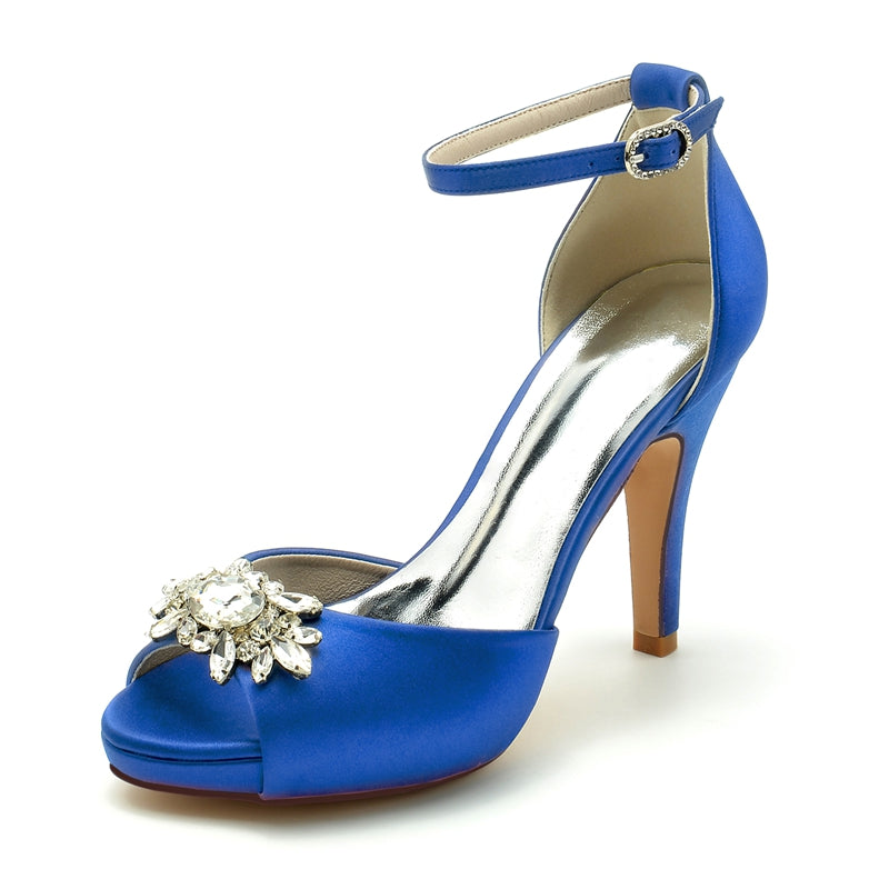 Women's Wedding Shoes Thick Sole Peep Toe Stiletto Heel Buckle Bridal Shoes with Rhinestone