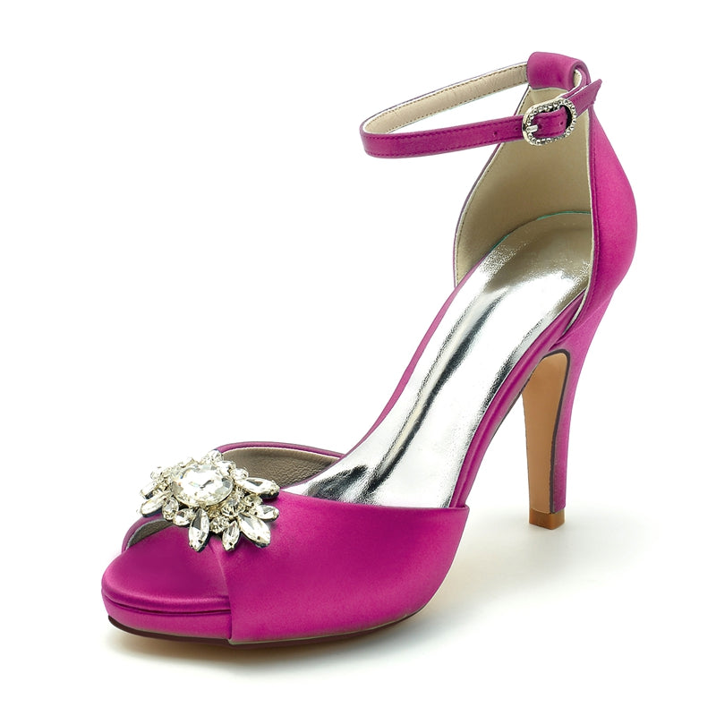 Women's Wedding Shoes Thick Sole Peep Toe Stiletto Heel Buckle Bridal Shoes with Rhinestone