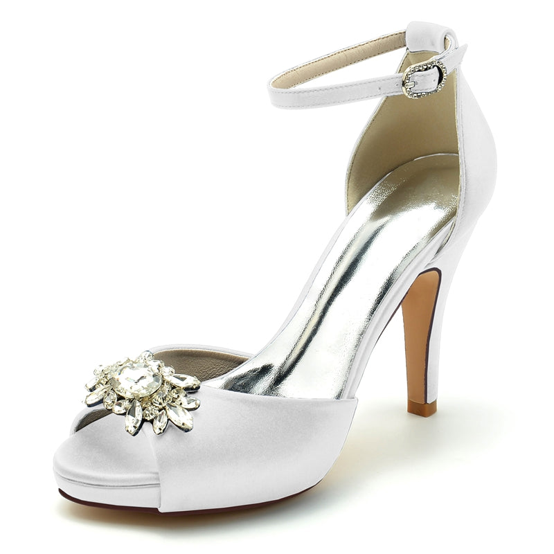 Women's Wedding Shoes Thick Sole Peep Toe Stiletto Heel Buckle Bridal Shoes with Rhinestone