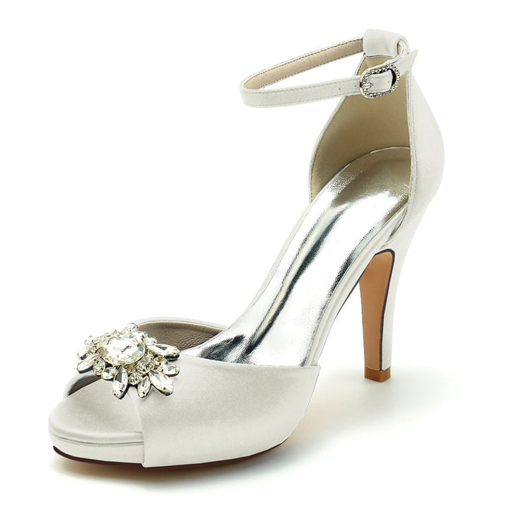 Women's Wedding Shoes Thick Sole Peep Toe Stiletto Heel Buckle Bridal Shoes with Rhinestone