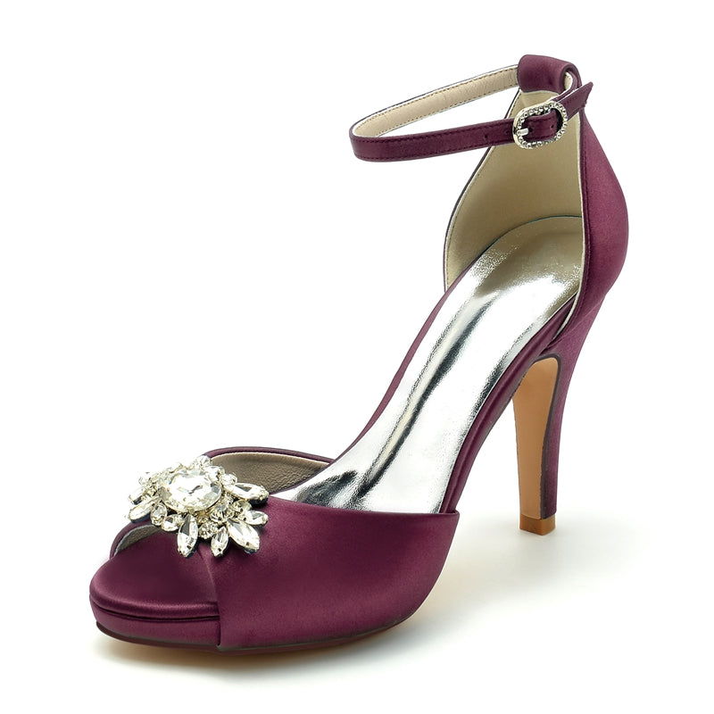 Women's Wedding Shoes Thick Sole Peep Toe Stiletto Heel Buckle Bridal Shoes with Rhinestone