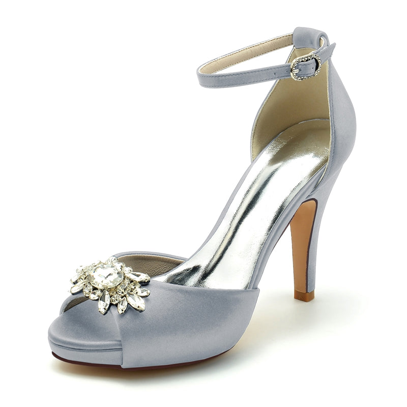 Women's Wedding Shoes Thick Sole Peep Toe Stiletto Heel Buckle Bridal Shoes with Rhinestone