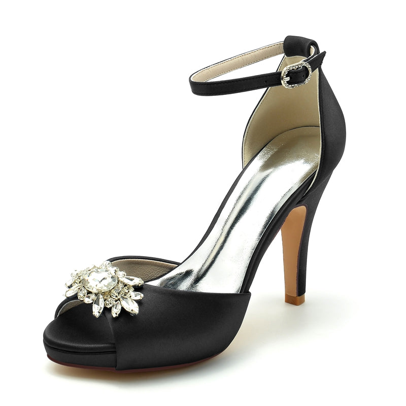 Women's Wedding Shoes Thick Sole Peep Toe Stiletto Heel Buckle Bridal Shoes with Rhinestone