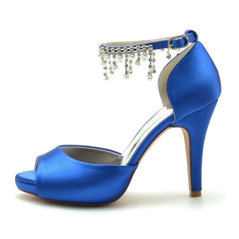 Women's Wedding Shoes Black Peep Toe Thick Sole Buckle Bridal Shoes with Pearl Tassel