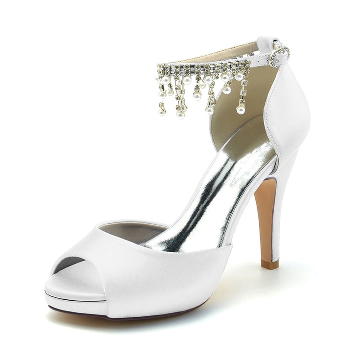 Women's Wedding Shoes Black Peep Toe Thick Sole Buckle Bridal Shoes with Pearl Tassel