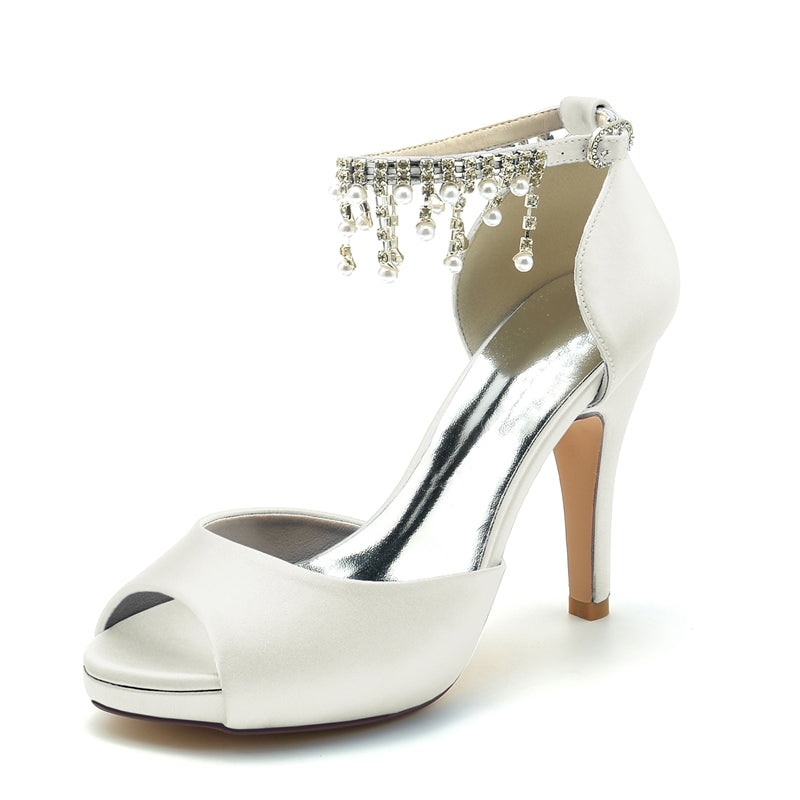 Women's Wedding Shoes Black Peep Toe Thick Sole Buckle Bridal Shoes with Pearl Tassel