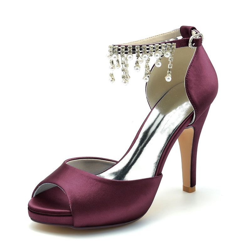 Women's Wedding Shoes Black Peep Toe Thick Sole Buckle Bridal Shoes with Pearl Tassel