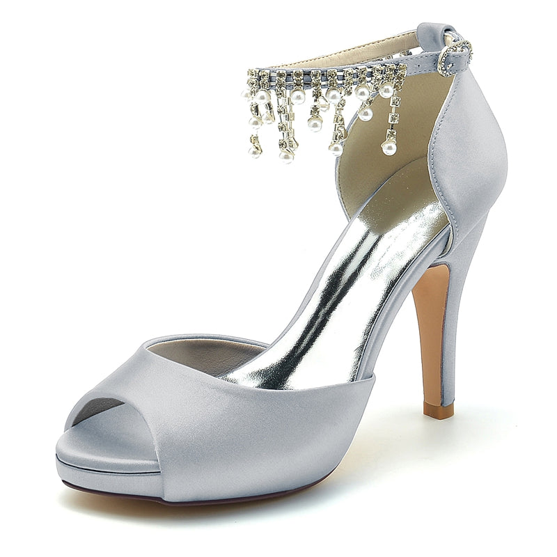 Women's Wedding Shoes Black Peep Toe Thick Sole Buckle Bridal Shoes with Pearl Tassel