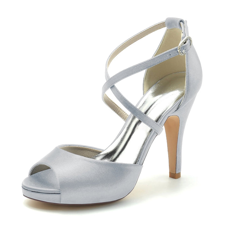 Women's Wedding Shoes Silver High Heel Thick Sole Crossed Straps Elegant Bridal Shoes