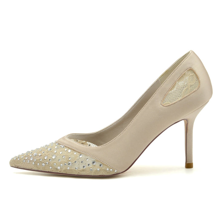 Women's Wedding Shoes Closed Toe High Heel Chic Lace Versatile Bridal Shoes
