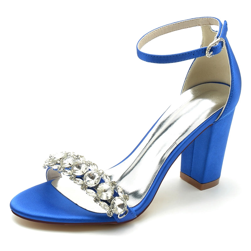 Women's Wedding Shoes Block Heel Opened Toe Rhinestone Strap Buckle Bridal Shoes
