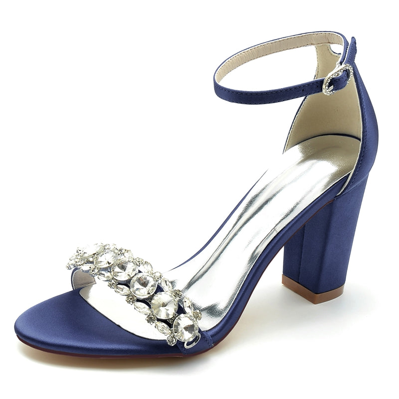 Women's Wedding Shoes Block Heel Opened Toe Rhinestone Strap Buckle Bridal Shoes
