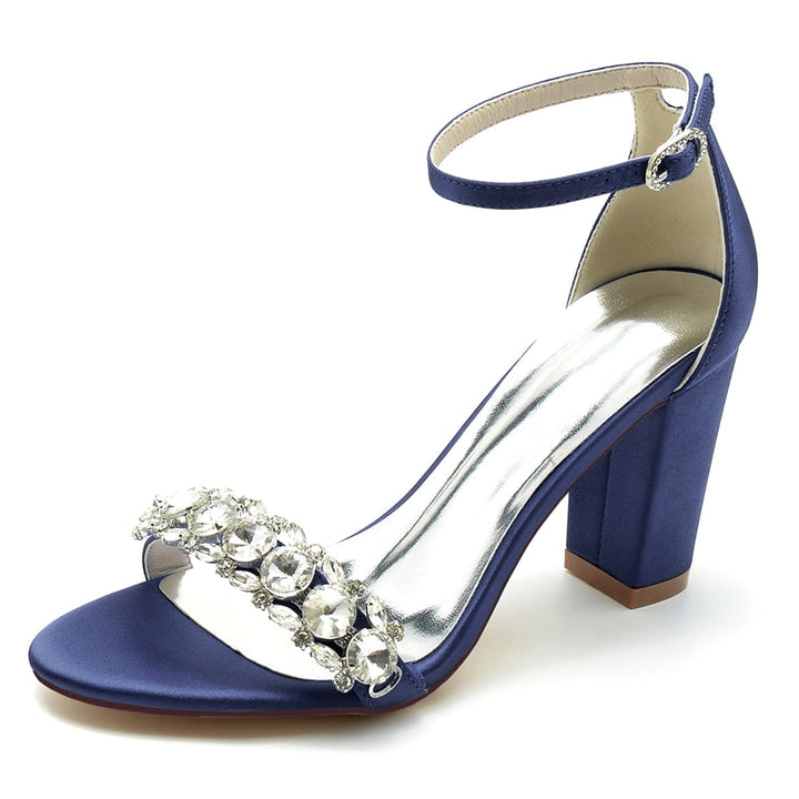 Women's Wedding Shoes Block Heel Opened Toe Rhinestone Strap Buckle Bridal Shoes