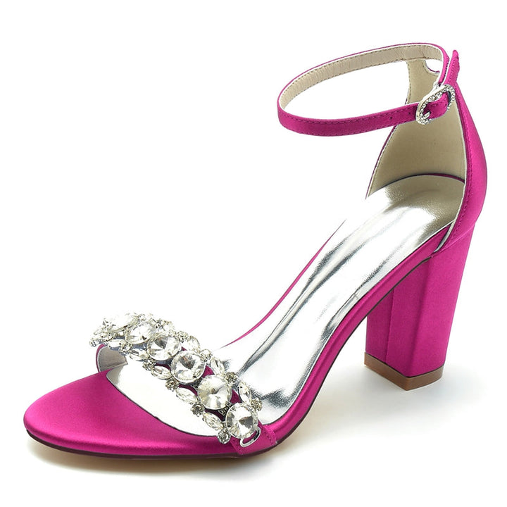 Women's Wedding Shoes Block Heel Opened Toe Rhinestone Strap Buckle Bridal Shoes