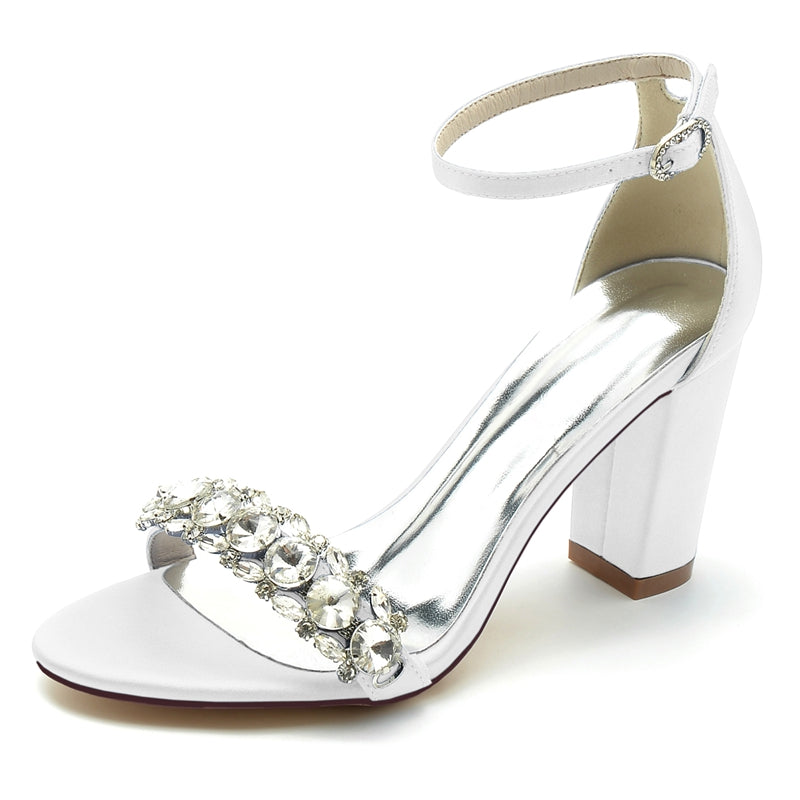 Women's Wedding Shoes Block Heel Opened Toe Rhinestone Strap Buckle Bridal Shoes