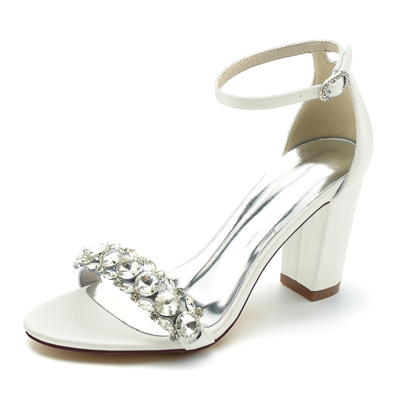 Women's Wedding Shoes Block Heel Opened Toe Rhinestone Strap Buckle Bridal Shoes