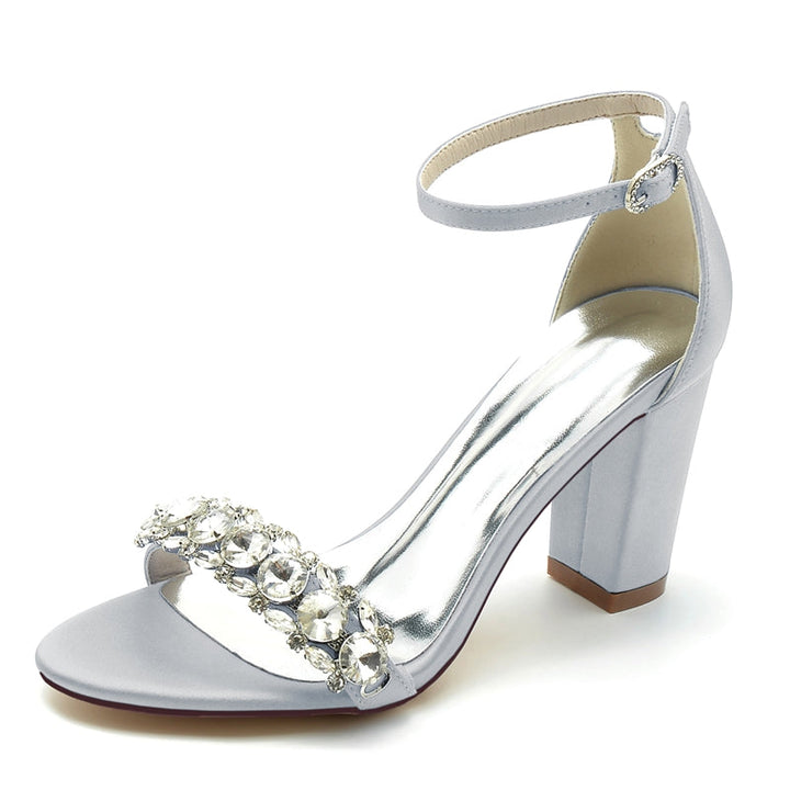 Women's Wedding Shoes Block Heel Opened Toe Rhinestone Strap Buckle Bridal Shoes
