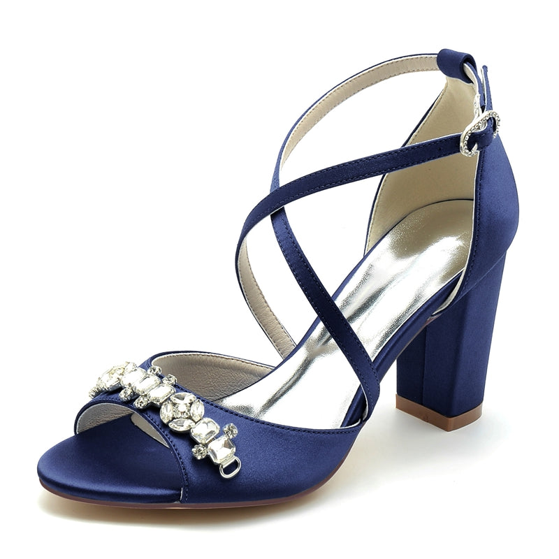 Women's Wedding Shoes Block Heel Crossed Strap Buckle Bridal Shoes with Rhinestone