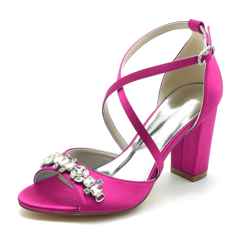 Women's Wedding Shoes Block Heel Crossed Strap Buckle Bridal Shoes with Rhinestone