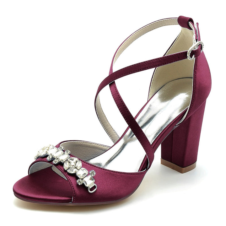 Women's Wedding Shoes Block Heel Crossed Strap Buckle Bridal Shoes with Rhinestone