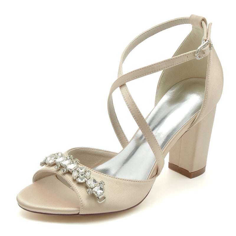 Women's Wedding Shoes Block Heel Crossed Strap Buckle Bridal Shoes with Rhinestone
