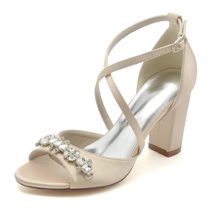 Women's Wedding Shoes Block Heel Crossed Strap Buckle Bridal Shoes with Rhinestone