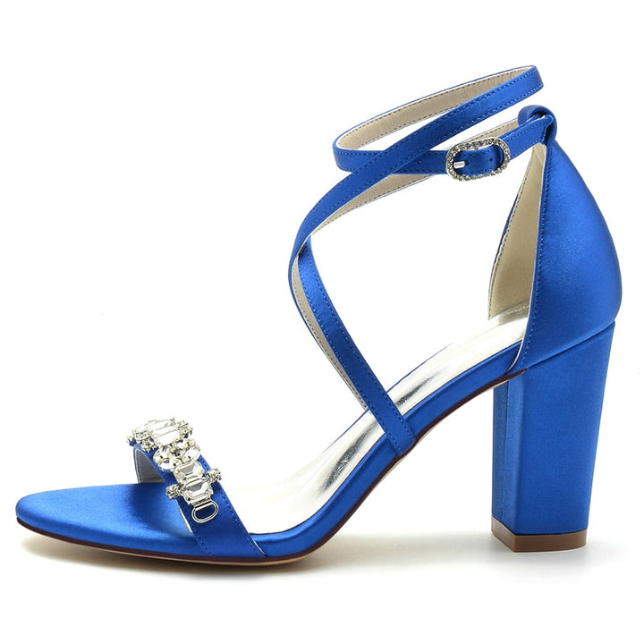Women's Wedding Shoes Chunky Heel Crossed Strap Chic Buckle Bridal Shoes with Rhinestone