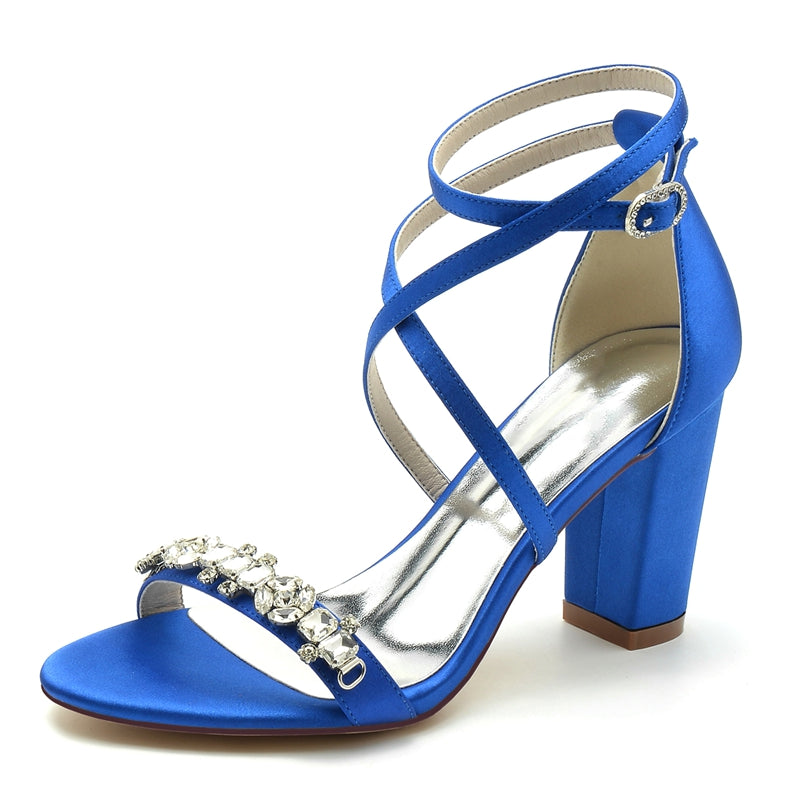 Women's Wedding Shoes Chunky Heel Crossed Strap Chic Buckle Bridal Shoes with Rhinestone