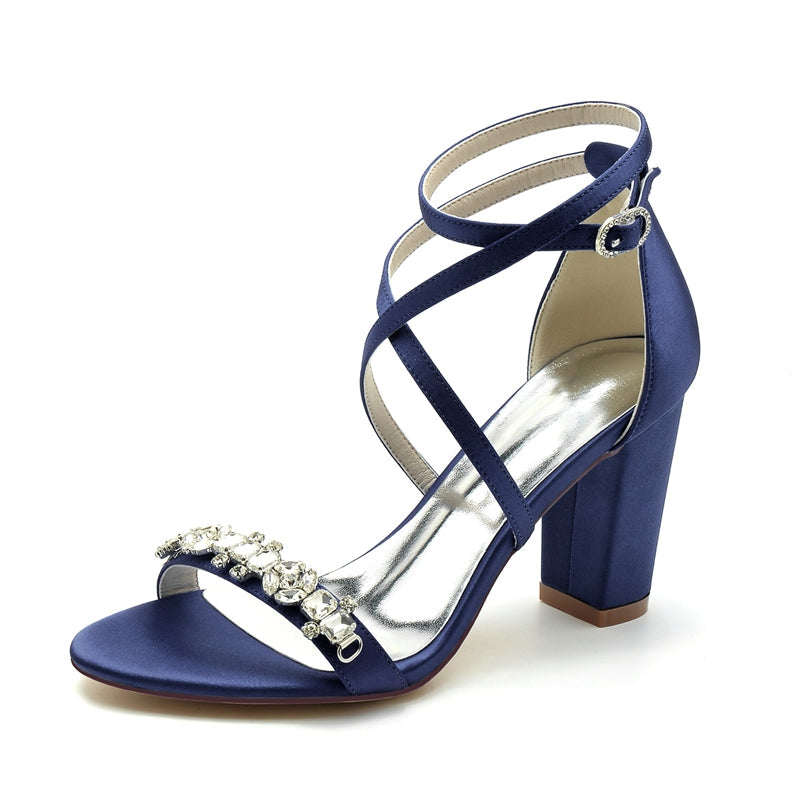 Women's Wedding Shoes Chunky Heel Crossed Strap Chic Buckle Bridal Shoes with Rhinestone