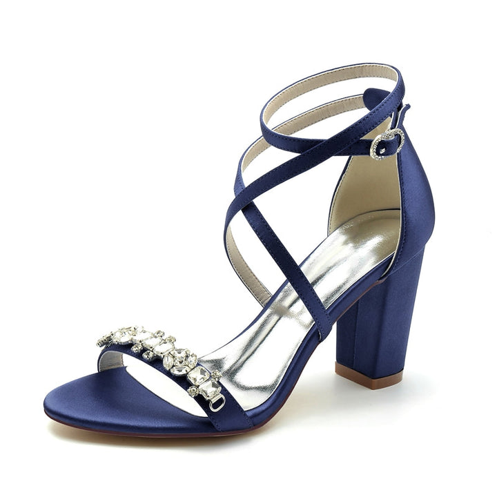 Women's Wedding Shoes Chunky Heel Crossed Strap Chic Buckle Bridal Shoes with Rhinestone