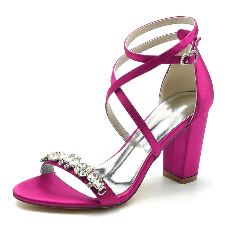 Women's Wedding Shoes Chunky Heel Crossed Strap Chic Buckle Bridal Shoes with Rhinestone