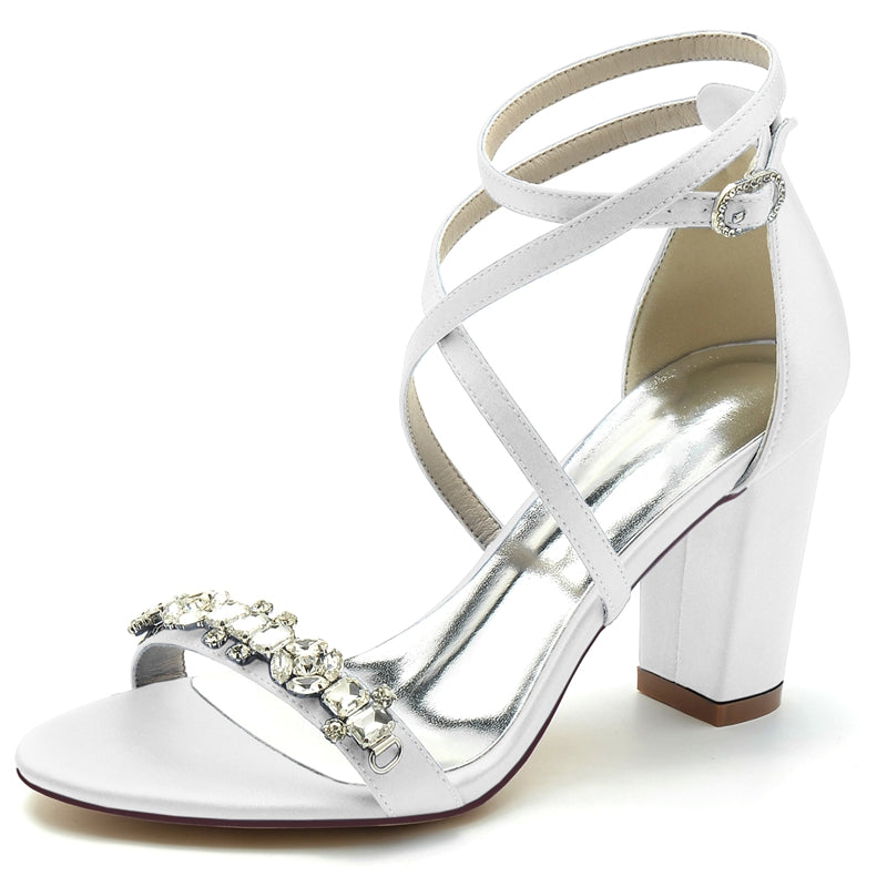 Women's Wedding Shoes Chunky Heel Crossed Strap Chic Buckle Bridal Shoes with Rhinestone