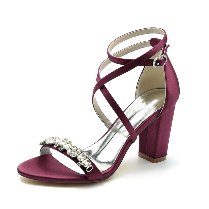Women's Wedding Shoes Chunky Heel Crossed Strap Chic Buckle Bridal Shoes with Rhinestone