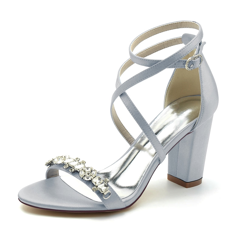 Women's Wedding Shoes Chunky Heel Crossed Strap Chic Buckle Bridal Shoes with Rhinestone