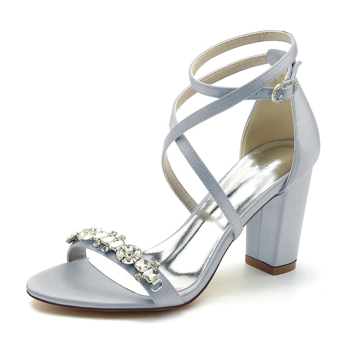 Women's Wedding Shoes Chunky Heel Crossed Strap Chic Buckle Bridal Shoes with Rhinestone