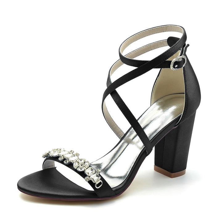 Women's Wedding Shoes Chunky Heel Crossed Strap Chic Buckle Bridal Shoes with Rhinestone