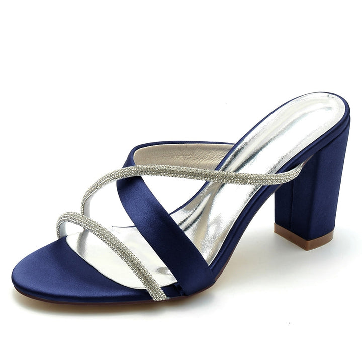 Women's Wedding Shoes Opened Toe Block Heel Crossed Strap Luxurious Bridal Shoes with Rhinestone