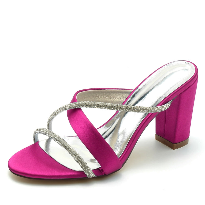 Women's Wedding Shoes Opened Toe Block Heel Crossed Strap Luxurious Bridal Shoes with Rhinestone