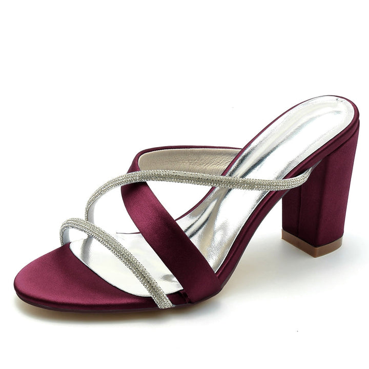 Women's Wedding Shoes Opened Toe Block Heel Crossed Strap Luxurious Bridal Shoes with Rhinestone