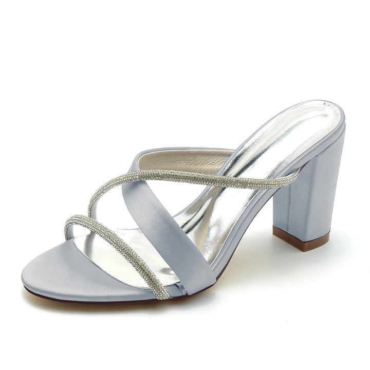 Women's Wedding Shoes Opened Toe Block Heel Crossed Strap Luxurious Bridal Shoes with Rhinestone
