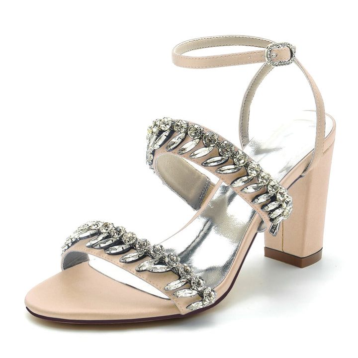 Women's Wedding Shoes Champagne Opened Toe Elegant Ankle Strap Bridal Shoes with Rhinestone