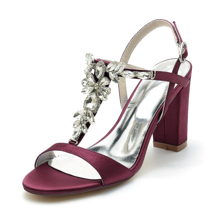 Women's Wedding Shoes Chunky Heel Opened Toe Elegant Buckle Bridal Shoes with Rhinestone Embellishment