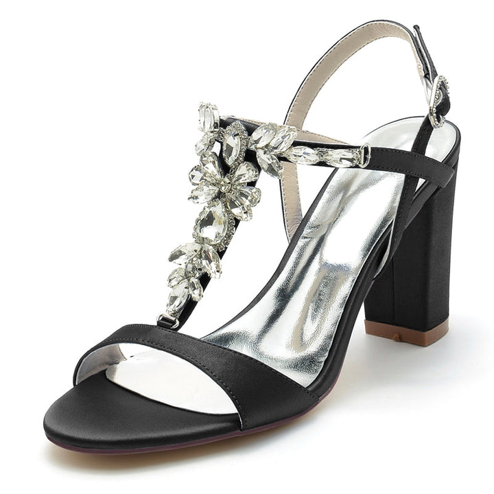 Women's Wedding Shoes Chunky Heel Opened Toe Elegant Buckle Bridal Shoes with Rhinestone Embellishment