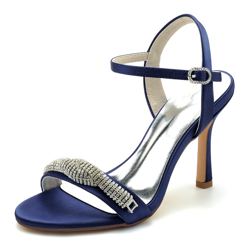 Women's Wedding Shoes High Heel Opened Toe Buckle Bridal Shoes with Spiral Rhinestones