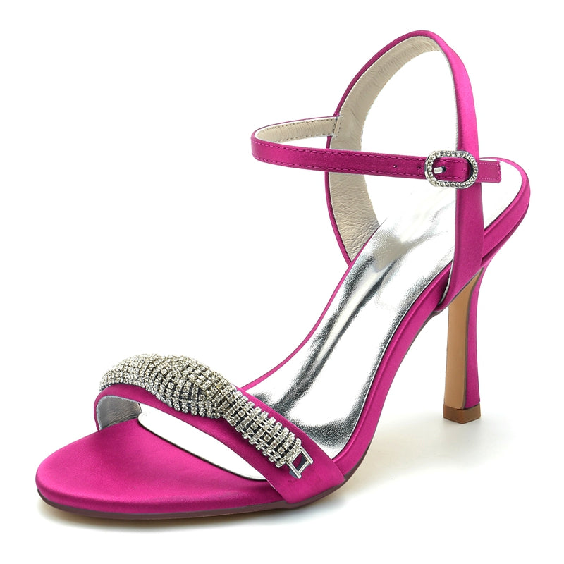 Women's Wedding Shoes High Heel Opened Toe Buckle Bridal Shoes with Spiral Rhinestones
