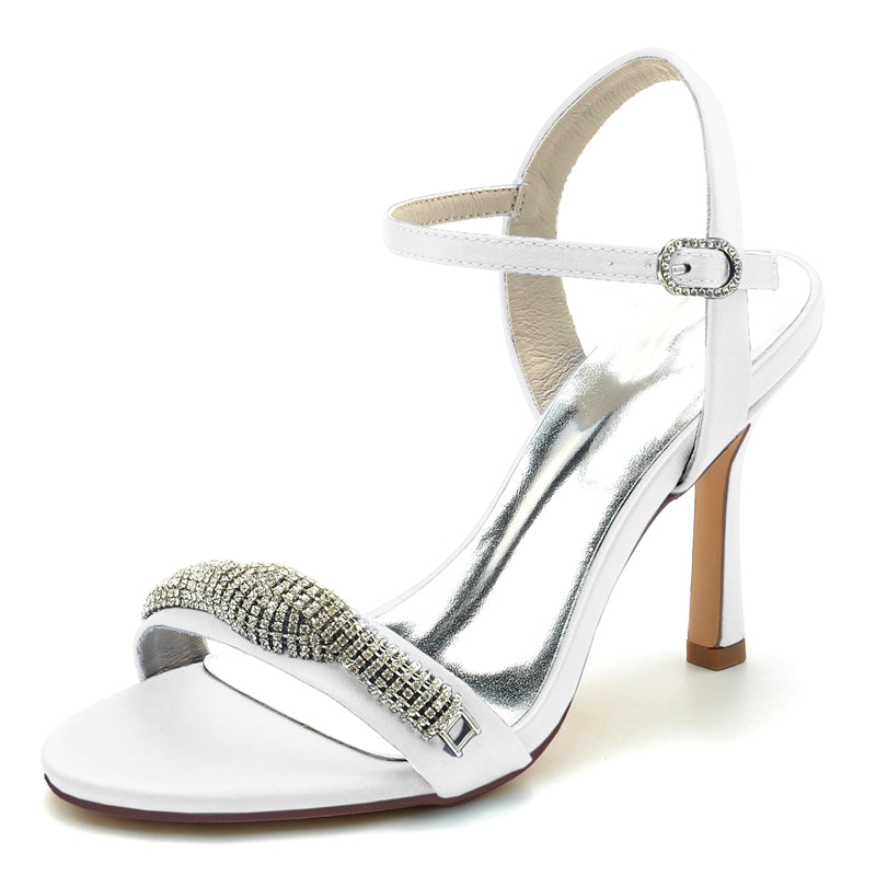 Women's Wedding Shoes High Heel Opened Toe Buckle Bridal Shoes with Spiral Rhinestones