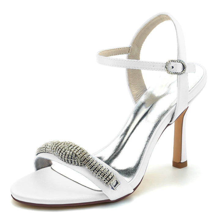 Women's Wedding Shoes High Heel Opened Toe Buckle Bridal Shoes with Spiral Rhinestones