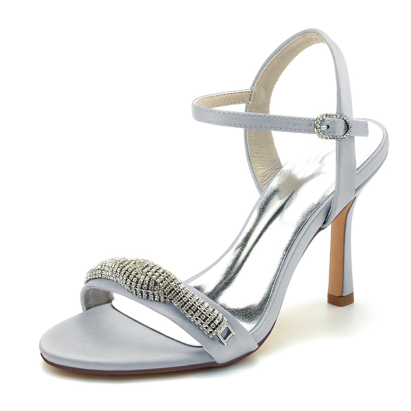Women's Wedding Shoes High Heel Opened Toe Buckle Bridal Shoes with Spiral Rhinestones