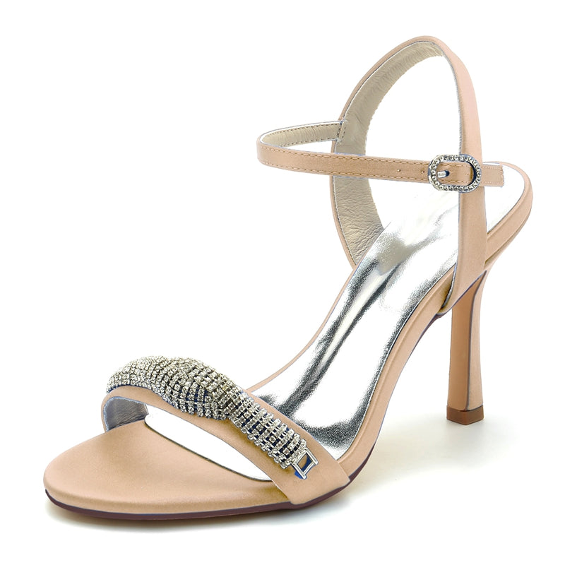 Women's Wedding Shoes High Heel Opened Toe Buckle Bridal Shoes with Spiral Rhinestones